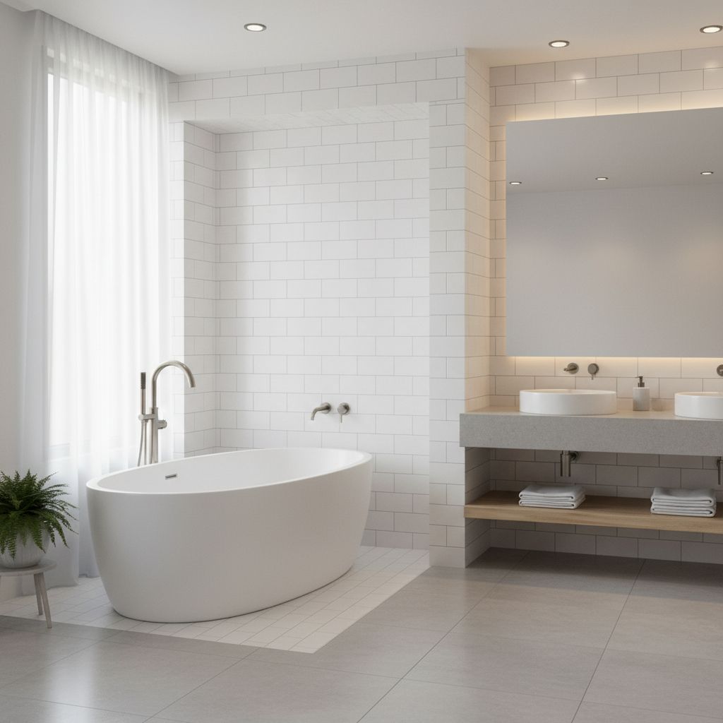 A bright, modern bathroom featuring a new white bathtub installed in a tiled alcove with updated hardware.