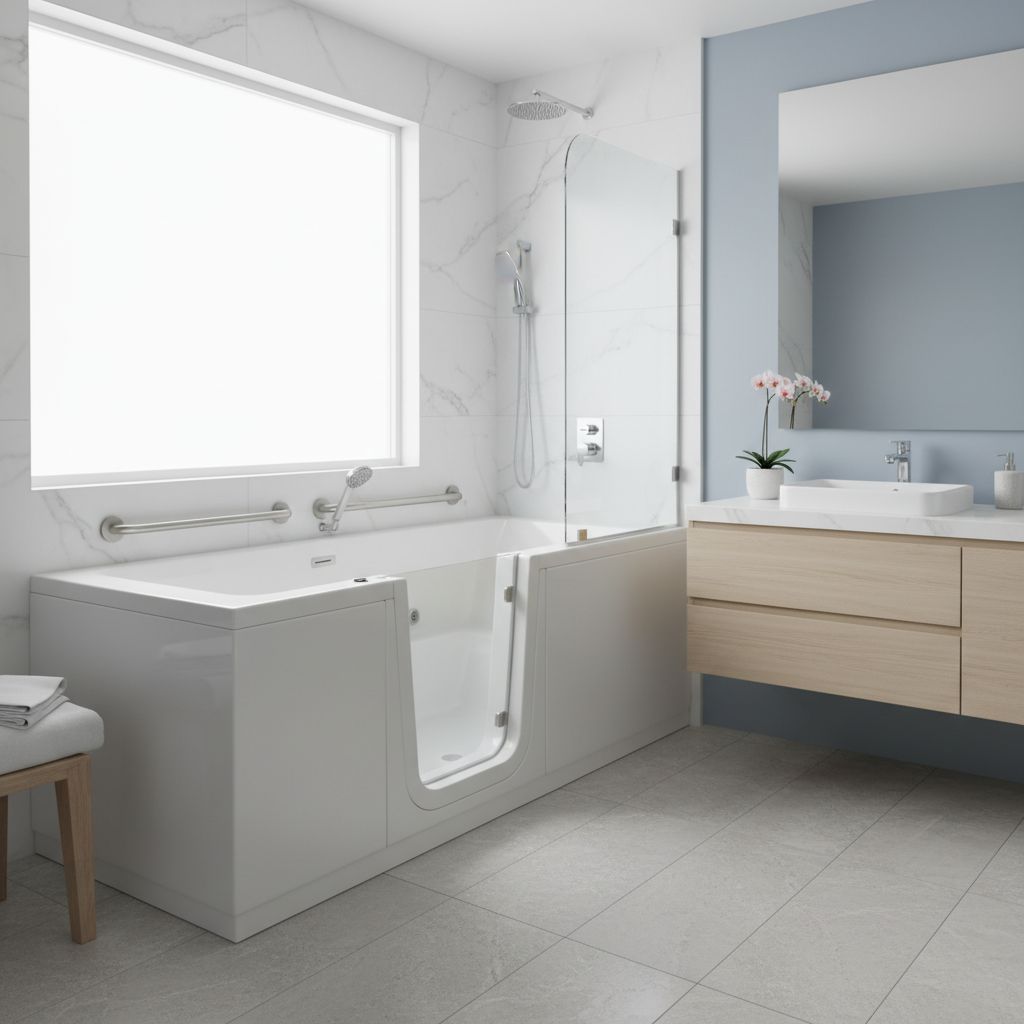 A clean, modern bathroom featuring a white walk-in bathtub with a wide-opening door and integrated safety grab bars.